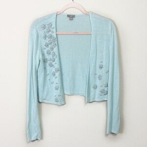 J. Jill Linen Blend Floral Embroidery Open Front Cardigan Light Blue size XS